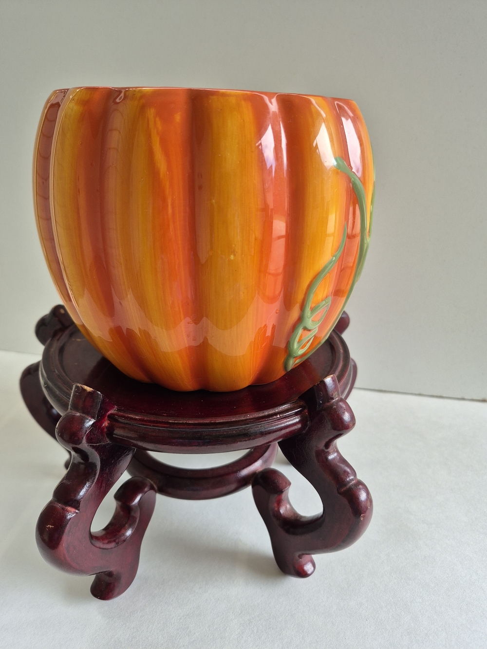Orange Ceramic Pumpkin Planter with Stopper. Painted Green Leaf - Picture 2 of 6